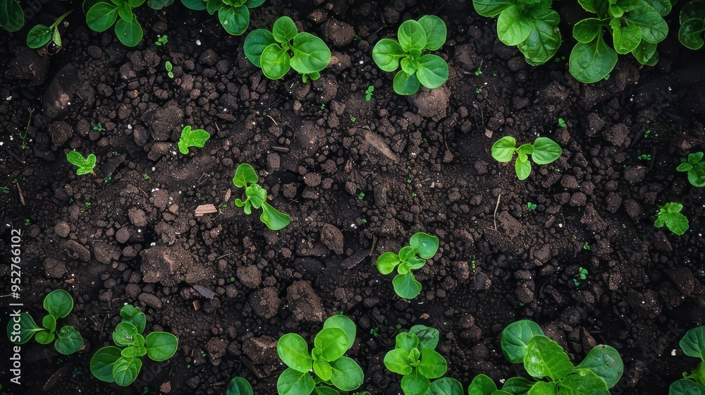 Top view of young green plants sprouting in rich, dark soil, showcasing the beginning of new life and growth in a garden or farm. Top view of young green plants sprouting in rich, dark soil, showcasing the beginning of new life and growth in a garden or farm.