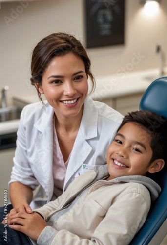 A female doctor smiles warmly while sitting with a young patient in a dental office, reflecting care and professionalism.