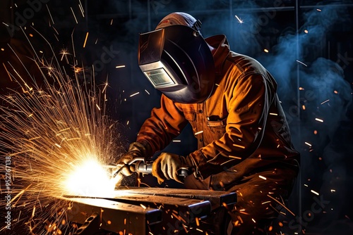 Industrial Welder With Torch. Highly skilled welder workers are welding in the construction site in the factory.