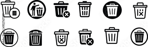A versatile set of delete and trash bin icons designed for user interface and digital applications. This collection features various styles, including classic trash bins, wastebaskets 