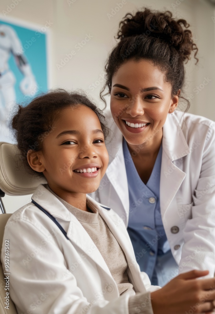 A female doctor with curly hair smiles warmly with a young patient in a hospital, highlighting care and professionalism. A female doctor with curly hair smiles warmly with a young patient in a hospital, highlighting care and professionalism.