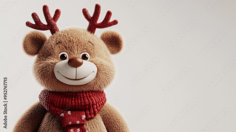 Cute plush bear with antlers and red scarf, smiling in a festive setting. Ideal decoration for Christmas holiday themes.