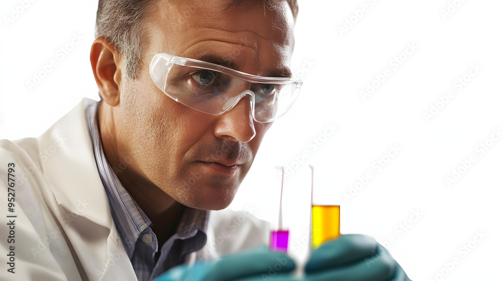 A Caucasian male scientist in a white lab coat and safety goggles examines test tubes filled with colorful liquids, focusing intently on the experiment. A Caucasian male scientist in a white lab coat and safety goggles examines test tubes filled with colorful liquids, focusing intently on the experiment.