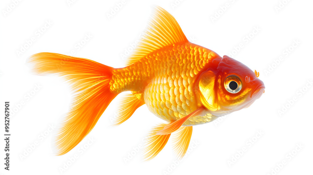 A vibrant goldfish with shimmering scales swims gracefully against a white background. A vibrant goldfish with shimmering scales swims gracefully against a white background.