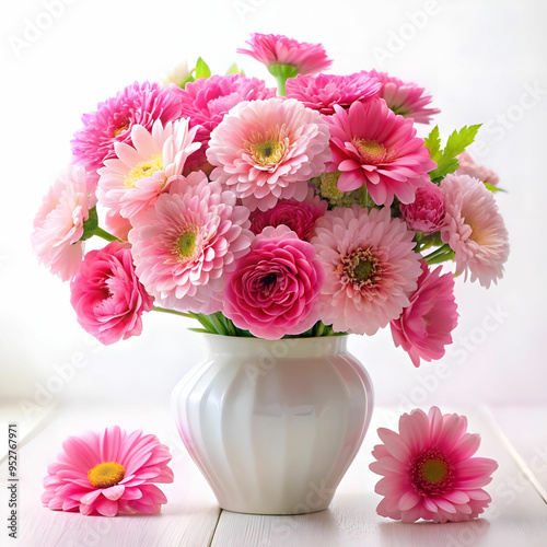 a vase of pink flowers with white background