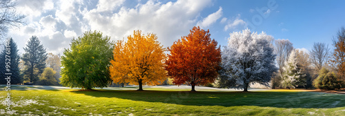 Four trees stand in a line, each representing a different season: spring, summer, autumn, and winter. The vibrant colors create a stunning contrast.