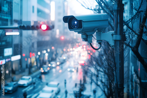 A security camera mounted on a pole in a city street with a blurry view of traffic. It provides a sense of security and monitoring.