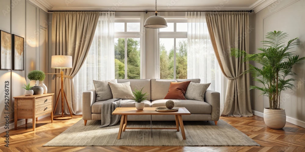 Curtain in a cozy living room setting , home decor, interior design, window treatment, drapes, fabric