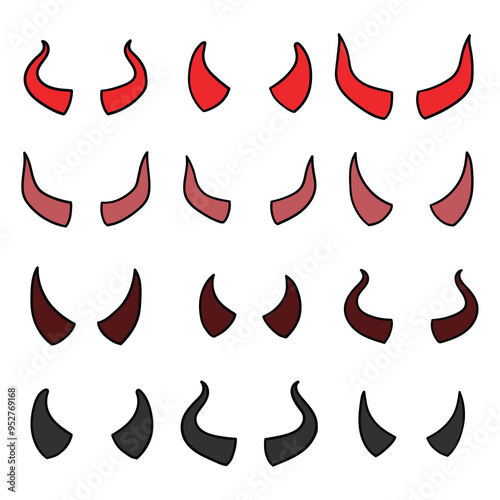 Hand drawn cartoon halloween devil horns set on white background.
