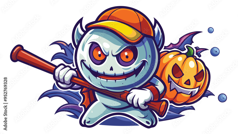 Naklejka premium Ghost Pumpkin head with baseball bat. Set of Halloween silhouettes black icon and character. Vector illustration. Isolated on white background