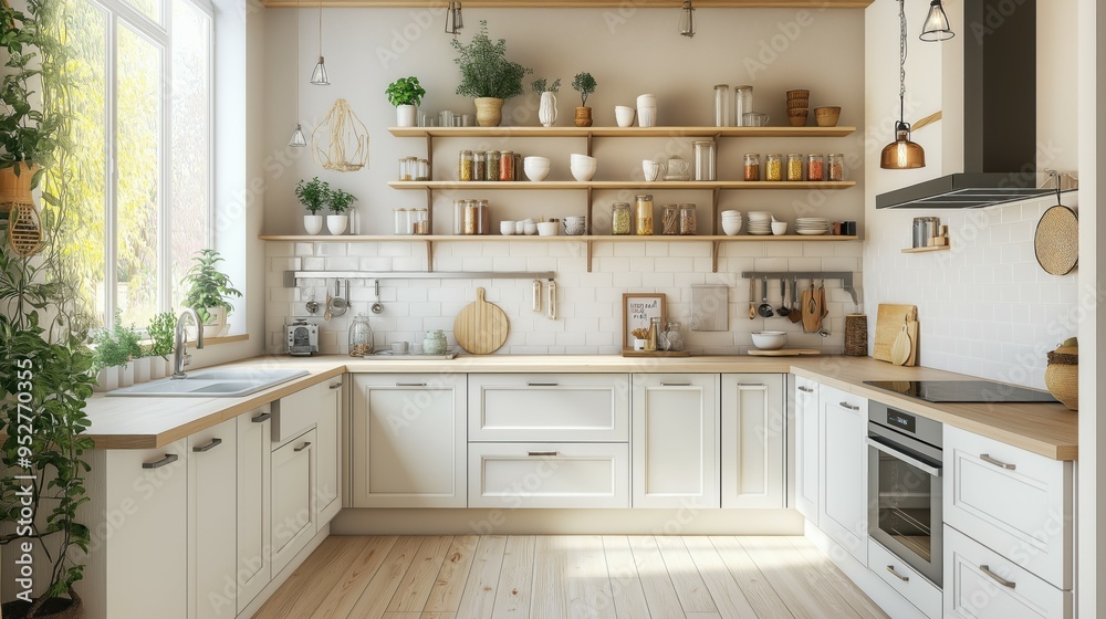 Bright Scandinavian-style kitchen featuring white cabinets, light wood flooring, and open shelving, offering a minimalist and airy feel.
Bright Scandinavian-style kitchen featuring white cabinets, light wood flooring, and open shelving, offering a minimalist and airy feel.