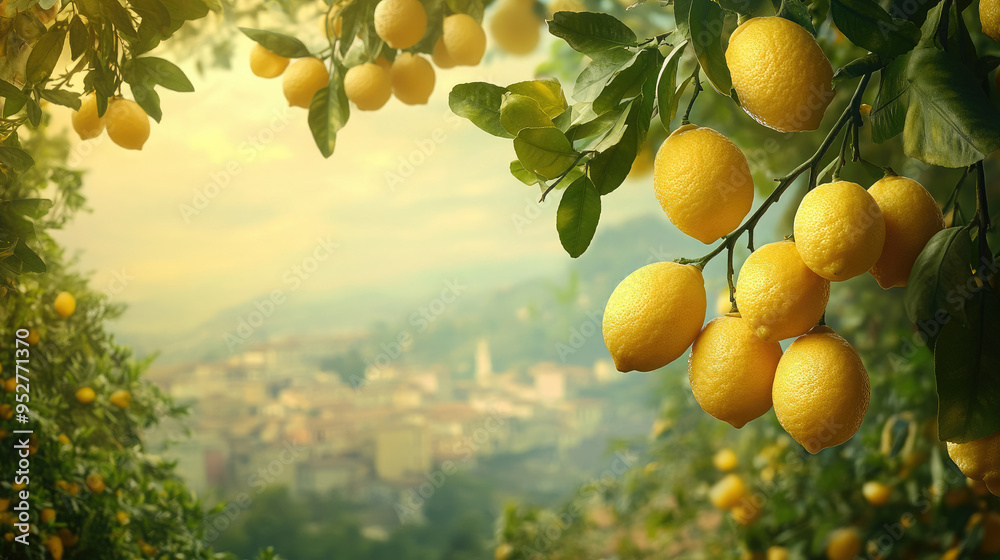 branches with ripe yellow lemons frame view of italian city, harvest, citrus, garden, tropical plant, south, italy, architecture, houses, copy space, place for text, wallpaper, postcard branches with ripe yellow lemons frame view of italian city, harvest, citrus, garden, tropical plant, south, italy, architecture, houses, copy space, place for text, wallpaper, postcard
