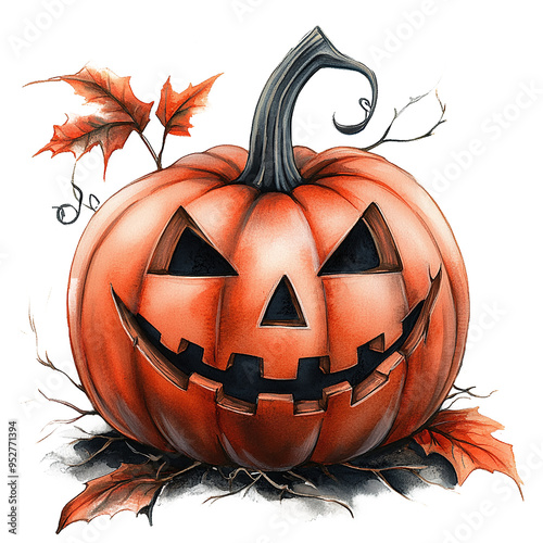 watercolor jack-o-lantern, or pumpkin,  on a transparent background photo