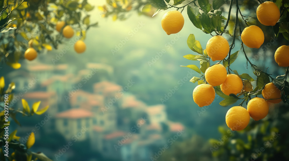 branches with ripe yellow lemons frame view of italian city, harvest, citrus, garden, tropical plant, south, italy, architecture, houses, copy space, place for text, wallpaper, postcard branches with ripe yellow lemons frame view of italian city, harvest, citrus, garden, tropical plant, south, italy, architecture, houses, copy space, place for text, wallpaper, postcard