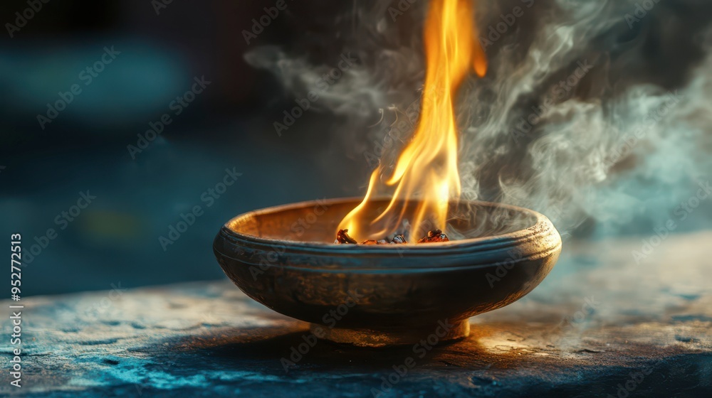 A traditional oil lamp flickering with vibrant flame during twilight A traditional oil lamp flickering with vibrant flame during twilight