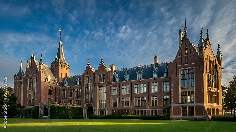 Naklejka premium A large, historic, red brick building with a tall tower and a green lawn in front of it. The building has many windows and a complex roofline. The sky is blue with some white clouds.