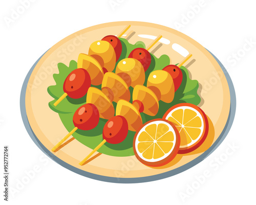 Chicken skewers with slices of sweet peppers and dill in plate in white background