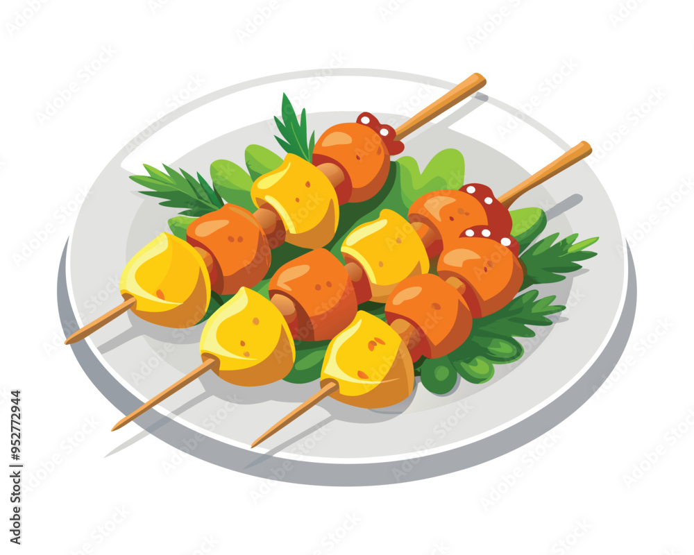 Chicken skewers with slices of sweet peppers and dill in plate in white background Chicken skewers with slices of sweet peppers and dill in plate in white background
