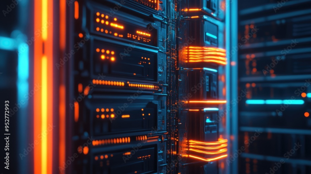 Server Racks with Glowing Orange and Blue Lights Server Racks with Glowing Orange and Blue Lights
