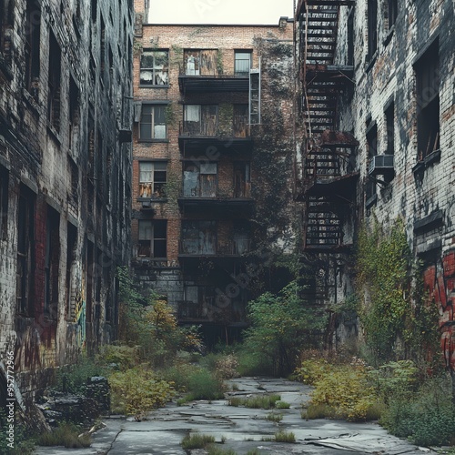 Urban decay in a post-apocalyptic setting with overgrown buildings Gritty worn muted desaturated colors heavy textures detailed