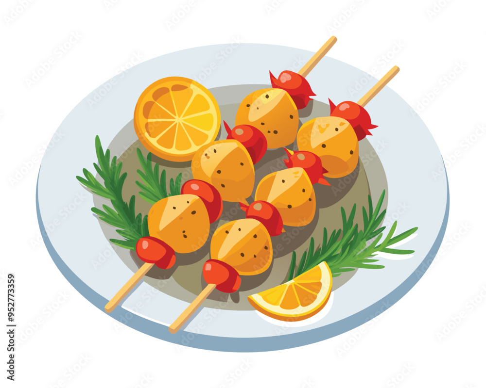 Chicken skewers with slices of sweet peppers and dill in plate in white background Chicken skewers with slices of sweet peppers and dill in plate in white background