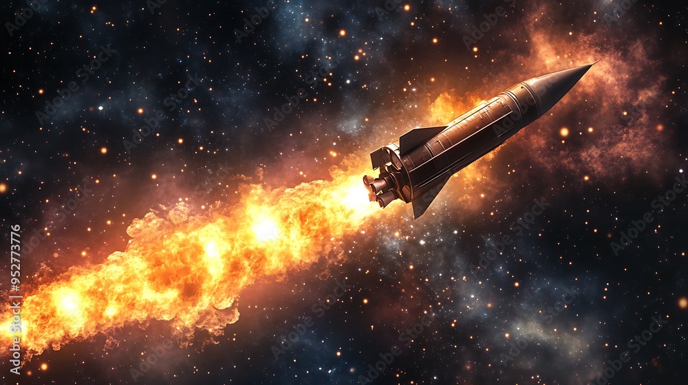 A Missile Launches Through Space with a Fiery Trail A Missile Launches Through Space with a Fiery Trail