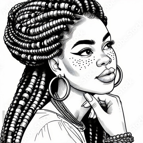 black and white line art, coloring book style, African American woman with braids, She is wearing a shirt , hoop earrings and a necklace.