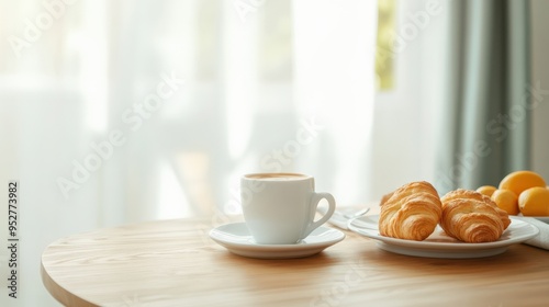 Wallpaper Mural A cozy breakfast scene featuring a cup of coffee, fresh croissants, and bright lemons on a wooden table near a window. Torontodigital.ca