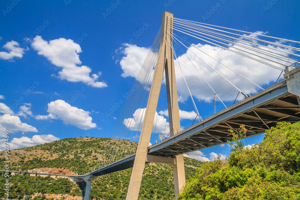 Coastal summer landscape - view of the Franjo Tudman Bridge at the western approach to Dubrovnik on the Adriatic coast of Croatia