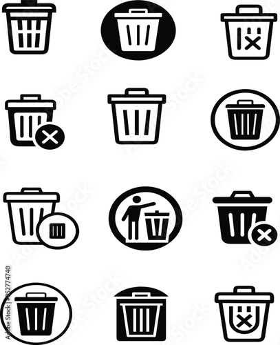 A versatile set of delete and trash bin icons designed for user interface and digital applications. This collection features various styles, including classic trash bins, wastebaskets 