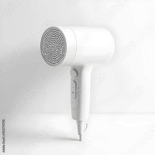 Compact and Portable Hair Dryer Against Stark White Backdrop Showcasing Ergonomic Design and Simple Controls