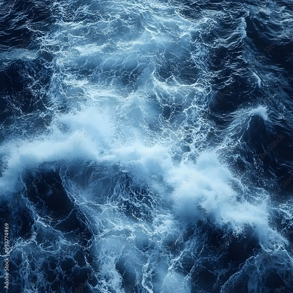 Overhead view of choppy blue ocean water with white foam crashing on the surface. Overhead view of choppy blue ocean water with white foam crashing on the surface.