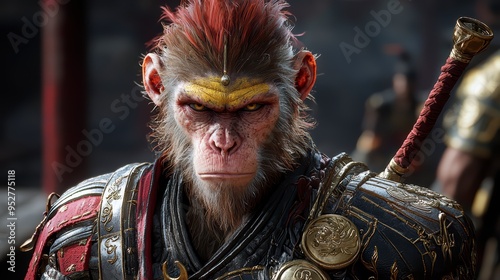 Anthropomorphic monkey king in armor with weapons on a black background photo