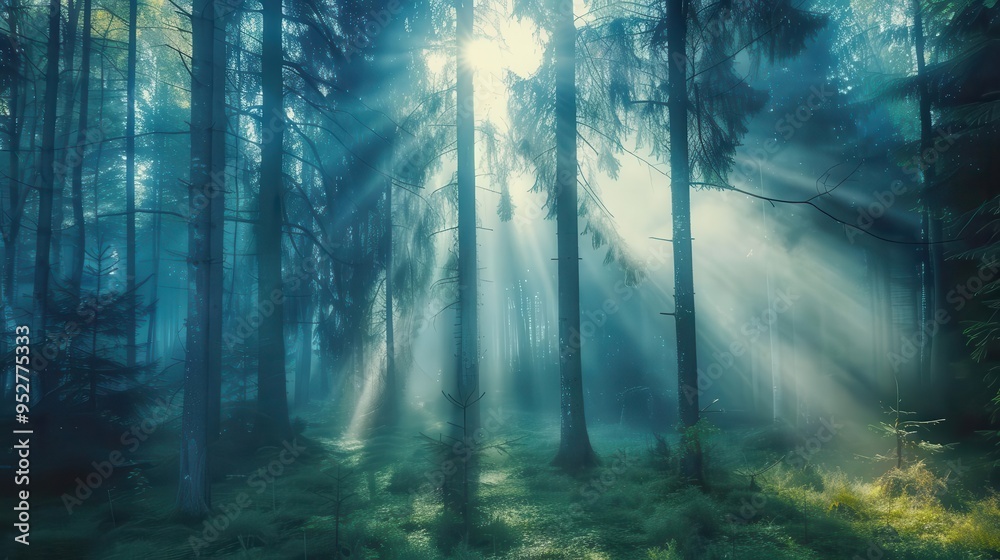 Naklejka premium serene misty forest landscape with sunbeams filtering through trees atmospheric nature photography