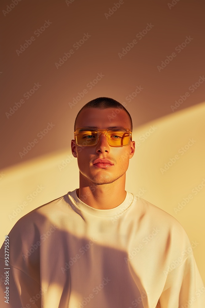 Portrait of a young man wearing yellow sunglasses, basking in warm ambient lighting with a neutral background.