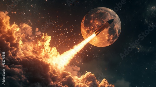 Rocket Launch Towards a Red Planet in a Starry Night Sky