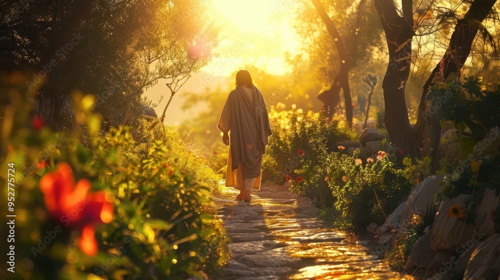 Fototapeta premium serene outdoor scene with jesus walking alone on an ancient stone path surrounded by soft golden light and lush mediterranean flora
