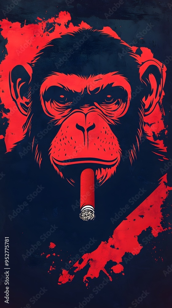 A close-up illustration of a monkey smoking a cigar. The image is set against a dark blue background with red splatters.