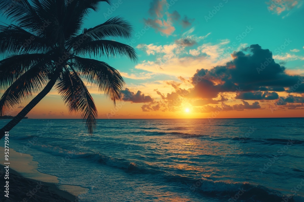 A picturesque tropical beach scene with a silhouetted palm tree, waves, and a stunning sunset over the ocean horizon. A picturesque tropical beach scene with a silhouetted palm tree, waves, and a stunning sunset over the ocean horizon.