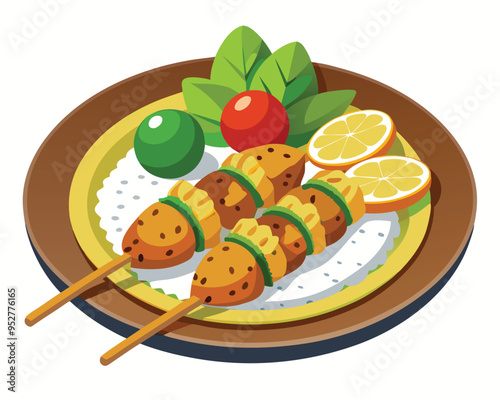 Grilled Chicken Skewers with Rice and Vegetables Served on Plate vector illustration