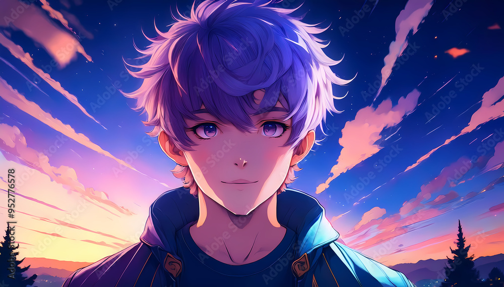 Young boy anime style illustration with twilight hues Young boy anime style illustration with twilight hues