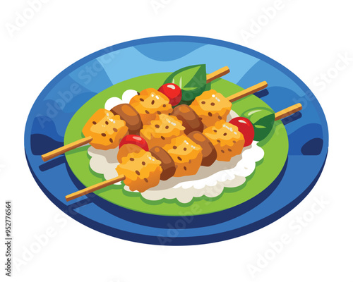 Grilled Chicken Skewers with Rice and Vegetables Served on Plate vector illustration