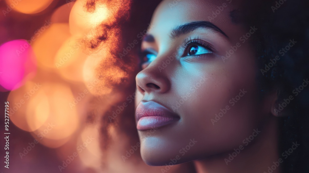 A thoughtful young woman gazes up at colorful lights at night A thoughtful young woman gazes up at colorful lights at night
