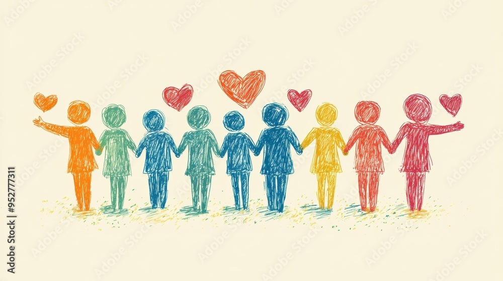 banner featuring hand-drawn doodle of people holding hands with hearts, symbolizing teamwork and unity concept banner featuring hand-drawn doodle of people holding hands with hearts, symbolizing teamwork and unity concept