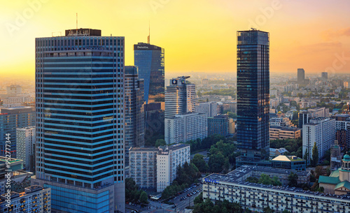 Obraz na płótnie Cityscape at sunset - top view of the Downtown district of Warsaw with high-rise buildings, located within the Wola district in western Warsaw, Poland w salonie