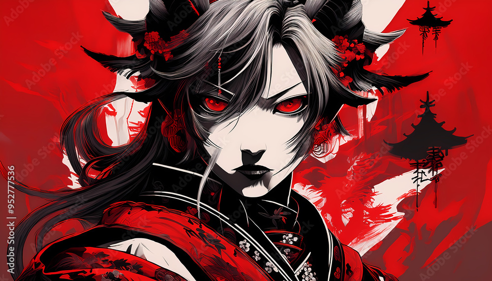 Naklejka premium Scary samurai illustration influenced by modern manga
