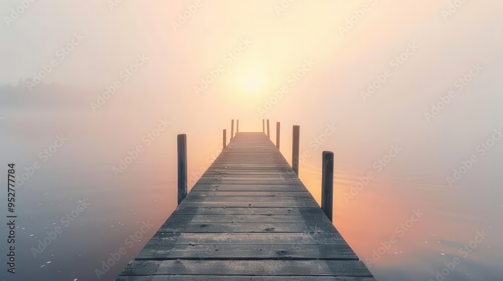 Obraz premium serene wooden pier extends into misty lake at sunrise golden light filters through fog creating a dreamlike atmosphere calm waters reflect pastel sky evoking peace and tranquility