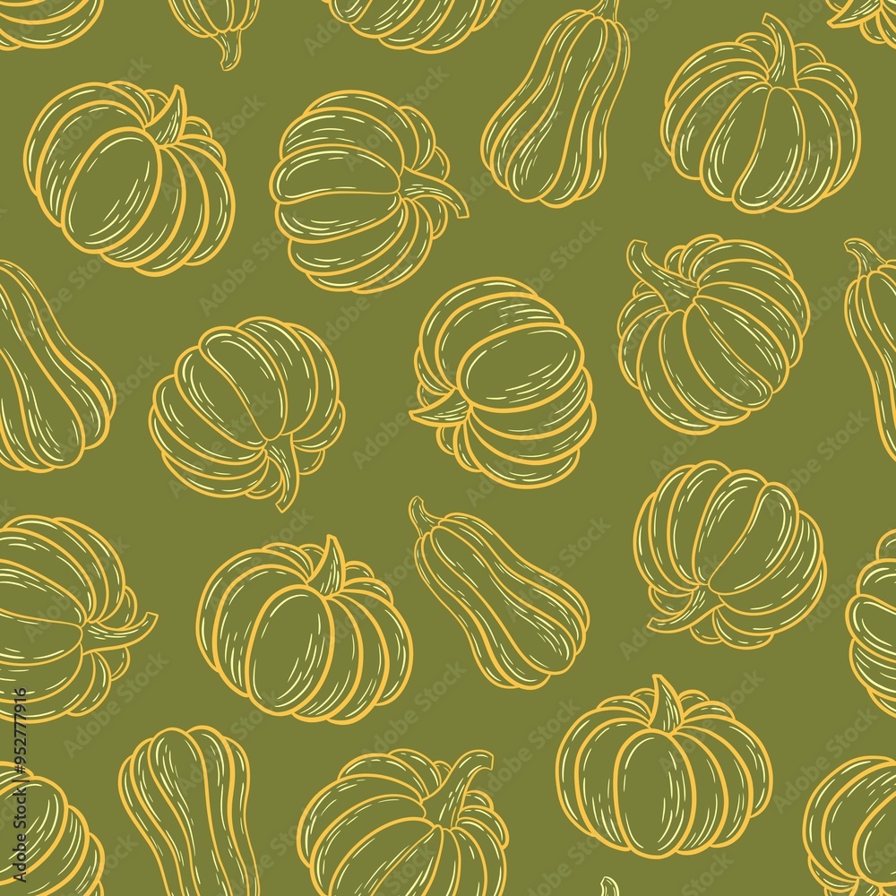 Autumn seamless pattern with hand drawn orange pumpkins on green background, line drawing