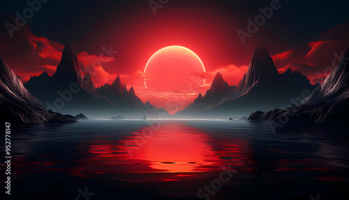 Ocean and red sun landscape with dark tones
