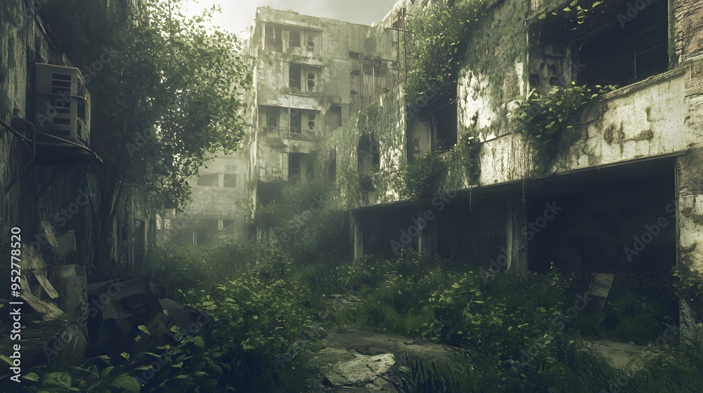 Abandoned city overgrown with vegetation in a post-apocalyptic setting Gritty worn muted desaturated colors heavy textures detailed 3D buildings Abandoned city overgrown with vegetation in a post-apocalyptic setting Gritty worn muted desaturated colors heavy textures detailed 3D buildings